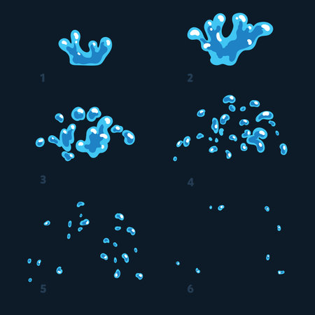 Water splash effect animation frame sheet. Transparent drops of water for flash animation in games, videos and a cartoon.のイラスト素材