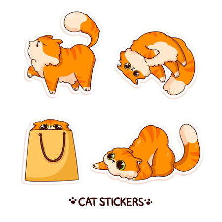 Cat stickers set. Cute cat in cartoon style. Vector illustrationのイラスト素材