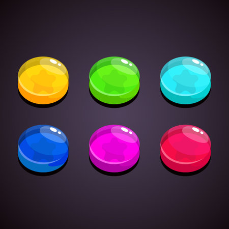Set of multicolored glossy glass buttons isolated on black background. Vector illustration.のイラスト素材