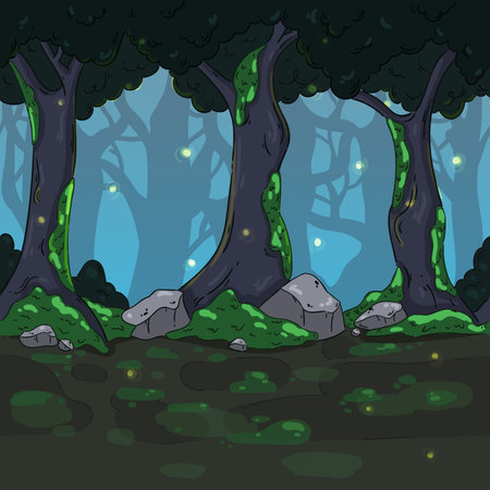 Cartoon background forest at night. Vector illustration of a forest with treesのイラスト素材