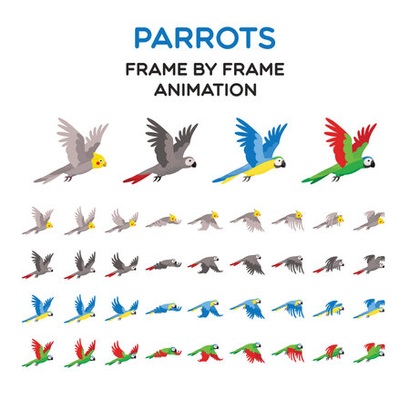 Animations the bird is flying. Parrot Animations. Set of bird flies.のイラスト素材