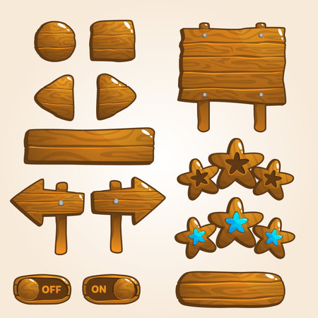 Wooden signboard icons set. Vector illustration of wooden signboard vector icons. Buttons for game design.のイラスト素材