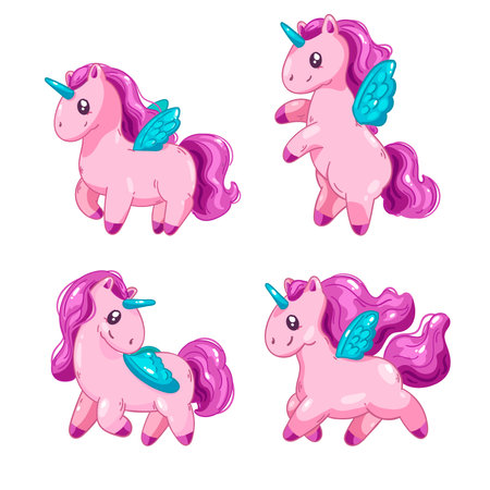 Set of cute cartoon unicorns isolated on white background. Vector illustration.のイラスト素材