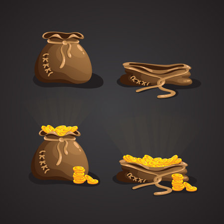 Set of money bags and coins. Vector illustration. Isolated on black background.のイラスト素材