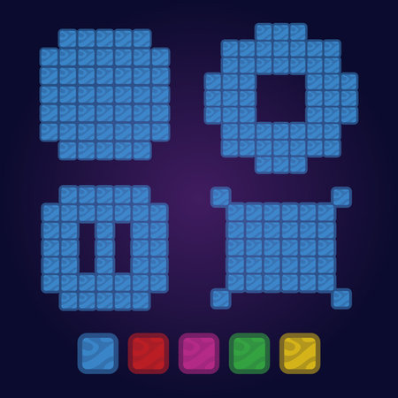 Set of colorful square buttons on a dark background. Platforms for game design.のイラスト素材