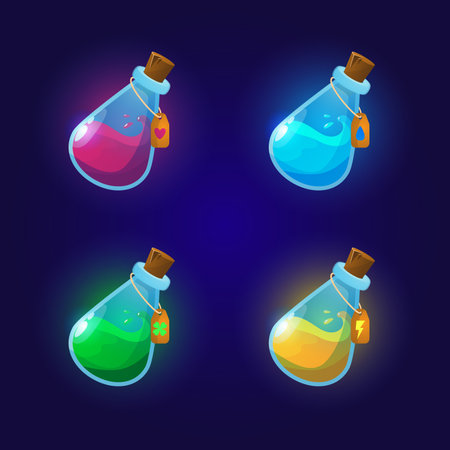 Set of colorful cartoon magic potion bottles. Vector illustration isolated on dark background.のイラスト素材