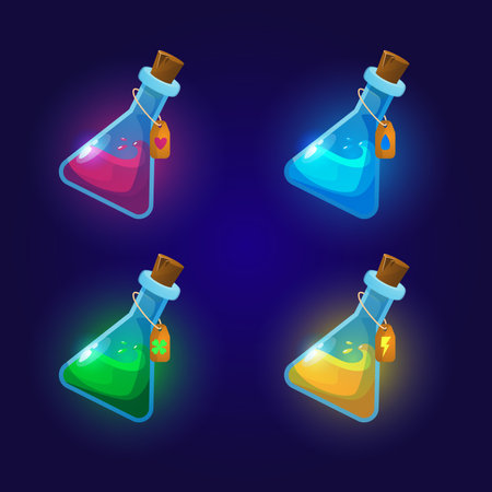 Set of magic potions. Vector illustration in cartoon style on dark backgroundのイラスト素材