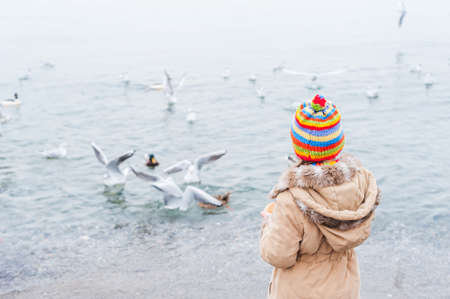 Cute little girl feeding birds on a cold dayの写真素材