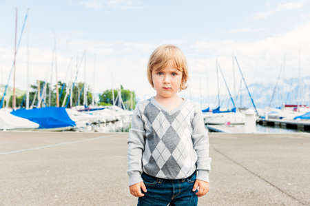 Close up portrait of a cute toddler boyの写真素材