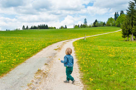 Outdoor portrait of a cute toddler boy, beautiful dramatic sky and field with dandelions on backgroundの写真素材