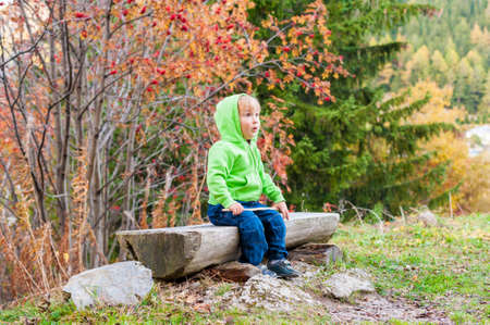 Cute toddler boy resting in a forest, wearing jeans and green hoodieの写真素材