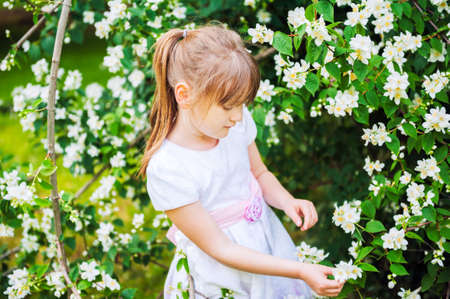 Outdoor portrait of a cute little girl, wearing beautiful dress, playing in garden with jasmine treeの写真素材