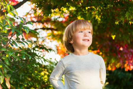 Outdoor autumn portrait of a cute little boy of 4 years old on a nice sunny dayの写真素材