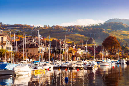 Small port on the lake Geneva, Lutry, Switzerlandの写真素材