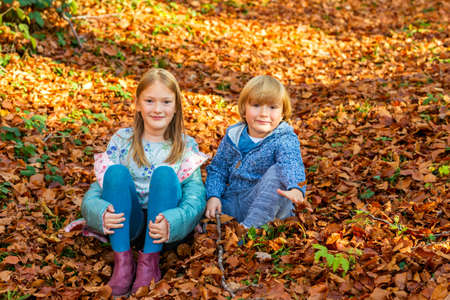 Autumn portrait of a cute girl and her little brother, playing in forestの写真素材