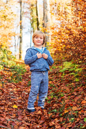 Autumn portrait of a cute little boy in forest, wearing blue knitted jacket and joggersの写真素材