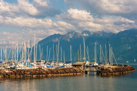 Small port on the lake Geneva, Lutry, Switzerlandの写真素材