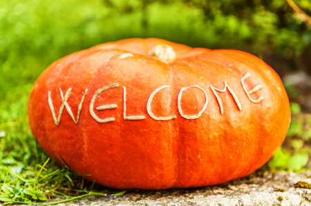 Big fresh bright pumpkin with sign welcomeの写真素材