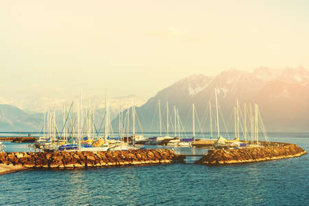 Small port on lake Geneva, Lutry, Switzerlandの写真素材