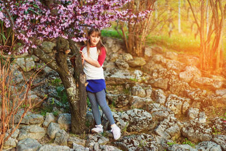 Little girl in the spring garden at sunsetの写真素材