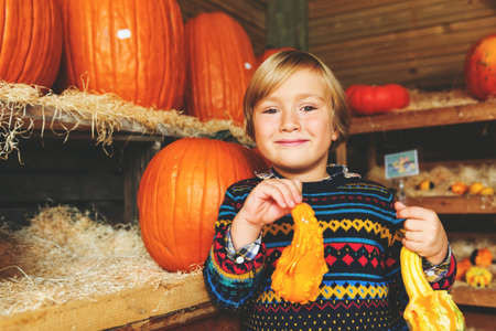 Adorable little boy of 5-6 year old choosing halloween pumpkin on farm market