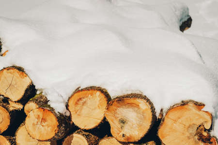 Snow covered firewood stack at winterの写真素材