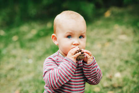 Adorable baby girl of 9-12 months old playing with pine cone outside