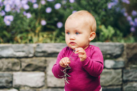Outdoor portrait of adorable 9-12 month old baby girl playing with purple flowersの写真素材
