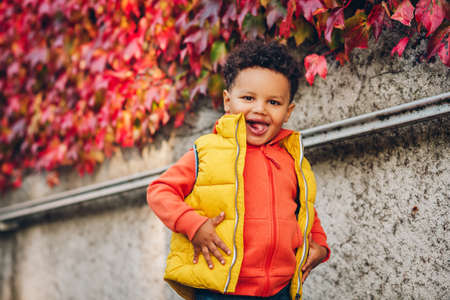 Portrait of adorable african toddler boy playing outdoors on a nice autumn day, wearing bright orange hoody jacket and yellow vest jacketの写真素材