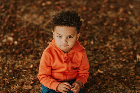 Outdoor portrait of adorable toddler boy playing outside, wearing orange hoody jacket, top viewの写真素材