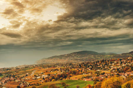 Amazing autumn landscape of Lavaux vineyards, swiss riviera, Lausanne area, canton of Vaud,...