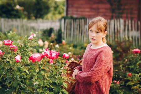 Little girl playing in beautiful rose gardenの写真素材