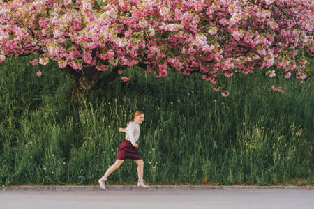Spring image of blooming sakura. Kid girl playing with decorative cherry tree, happy childhood in countrysideの写真素材
