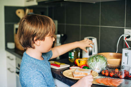 Cute little boy preparing salmon sandwich with fresh ingredients and toast breadの写真素材
