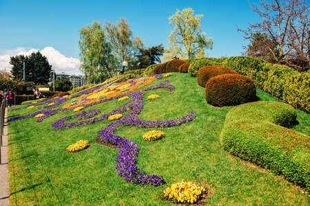 Geneva, Switzerland- April 20, 2019: L'horloge fleurie, famous flower clock in Geneva downtownのeditorial素材