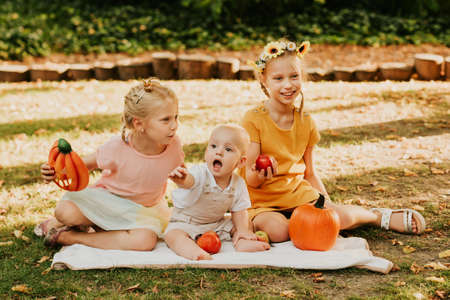 Autumn styled portrait for little kids, sisters and baby boy playing in sunny park with fall decorationの写真素材