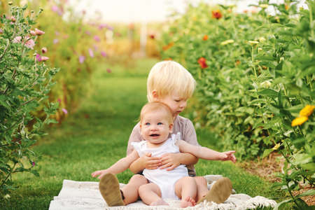 Outdoor portrait of adorable toddler boy holding his baby sister, kids in beautiful gardenの写真素材
