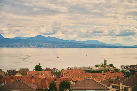 Top view on lake Geneva or Lac Leman over the roofs, Lausanne, Switzerland