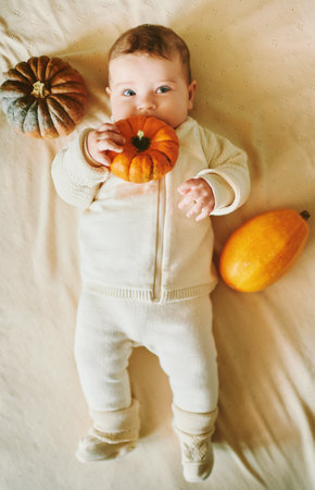 Adorable baby lying on blanket, playing with mini pumpkin