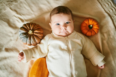 Adorable baby lying on blanket, playing with mini pumpkin