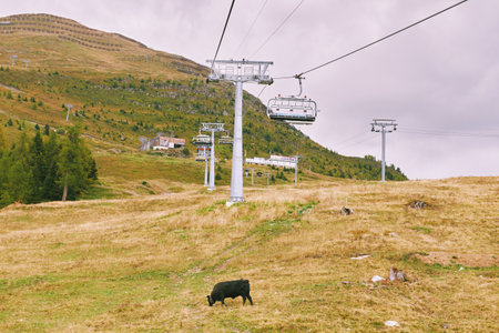 Mountain landscape with chairlift, image taken in Bellwald, Valais, Switzerlandの写真素材