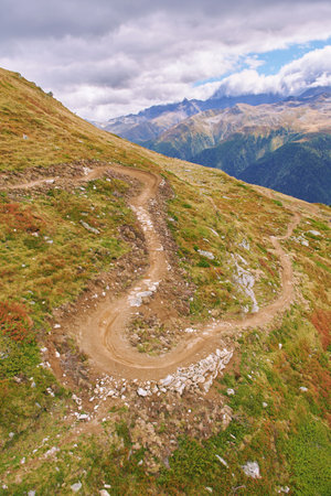 Mountain bike trail, top view, image taken in Bellwald, Valais, Switzerlandの写真素材
