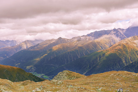Panoramic view of alpine mountains, Bellwald, Valais, Switzerland, fall seasonの写真素材