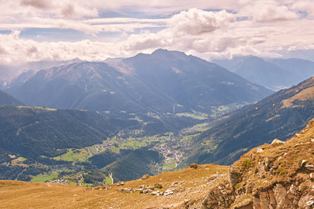 Panoramic view of alpine mountain valley, Bellwald, Valais, Switzerlandの写真素材