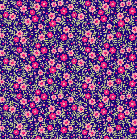 Floral pattern. Pretty flowers on dark blue backgroung. Printing with Small-scale pink flowers. Ditsy print. Seamless texture. Spring bouquet.のイラスト素材