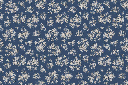 Vintage floral pattern in small abstract flowers. Small ivory white flowers. blue background. Ditsy...