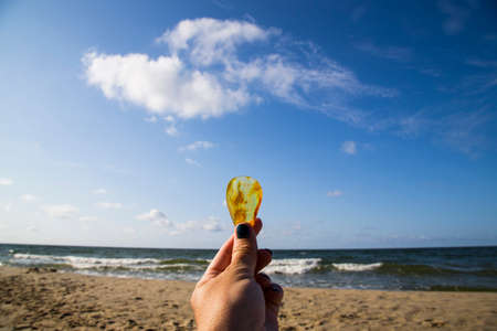 Amber in the sand against the background of sea waves and skyの写真素材