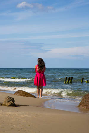 Dachshund on the blue sea. Holidays with a pet in southern countriesの写真素材