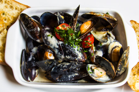 Steamed mussels in cream cheese sauce Healthy seafoodの写真素材