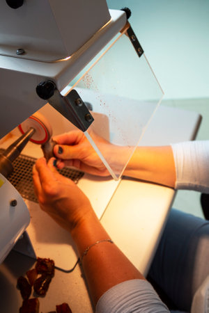 Protective glass when grinding amber. Work with amber, a precious stone in women's hands, the work of a jewelerの写真素材